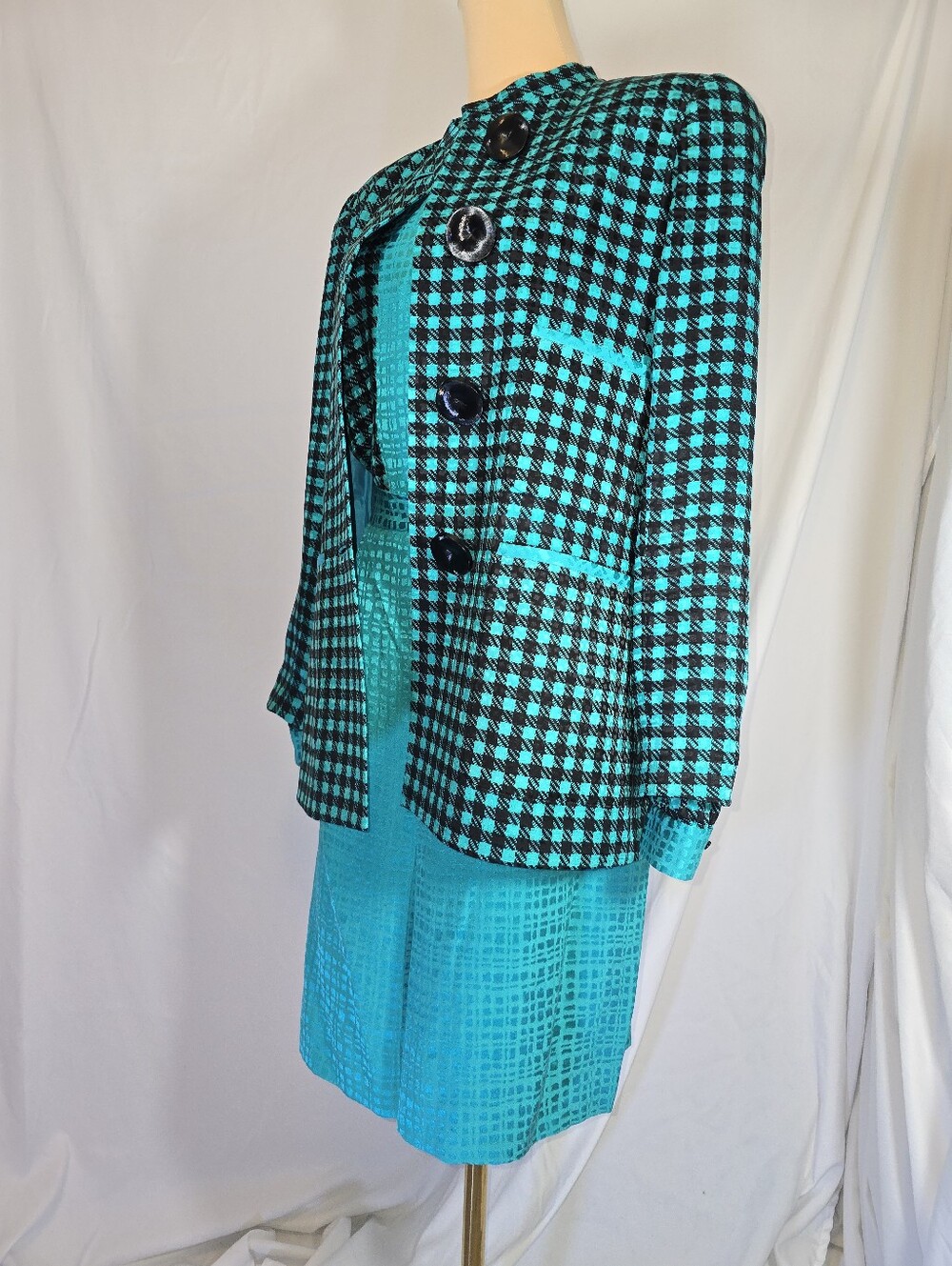 Vintage Silk 3-Piece Skirt Suit Check Turquoise/Black